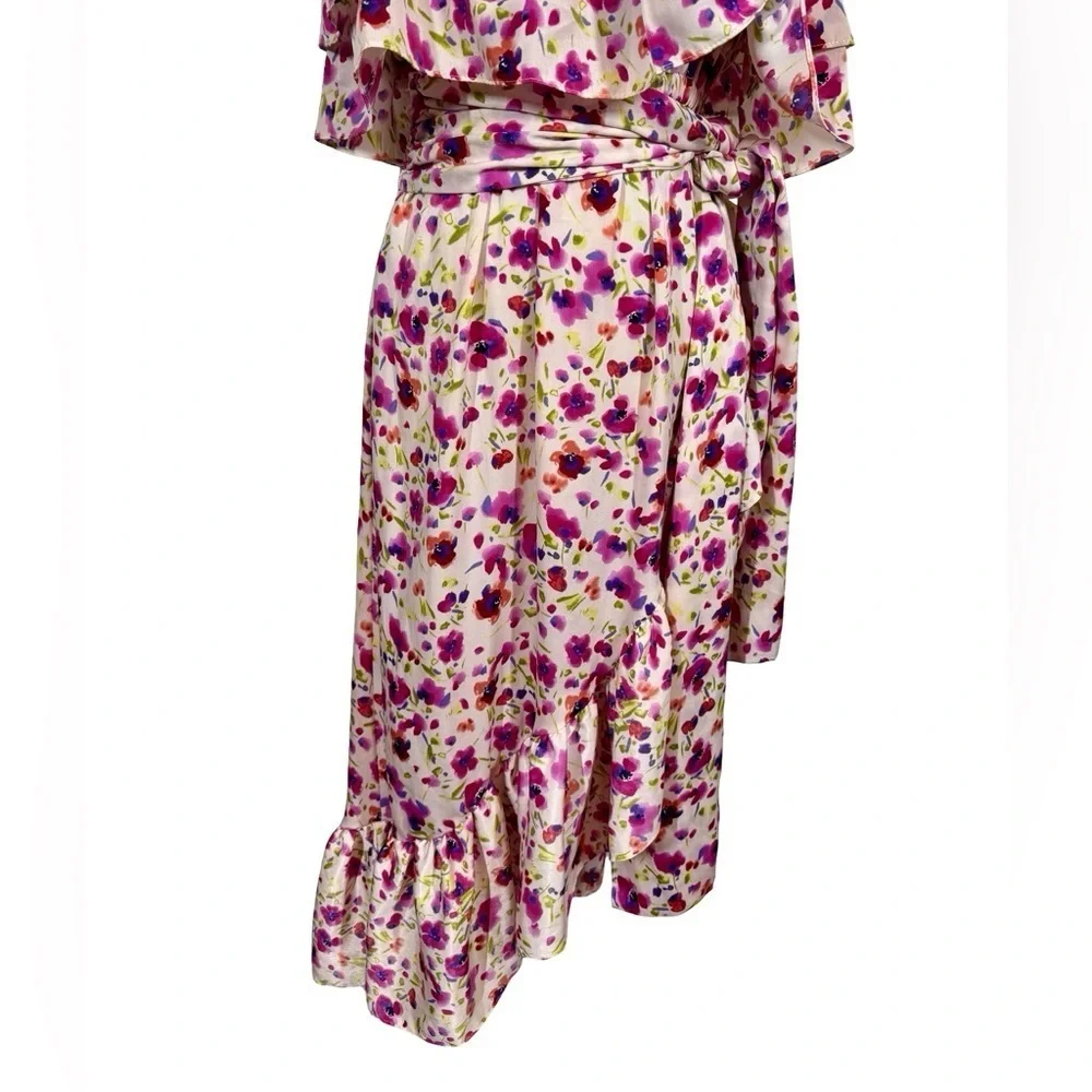 MISA Los Angeles Sabella Strapless Ruffle Tie Waist Midi Dress in Fuchsia Floral